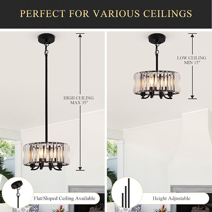 Black Crystal Chandelier, 4-Light Small Modern Semi Flush Mount Ceiling Chandelier Light Fixtures,Round Hanging Lighting Fixture for Bedroom Living Room Kitchen Hallway Entryway, E12 Base, 11.6 Inch