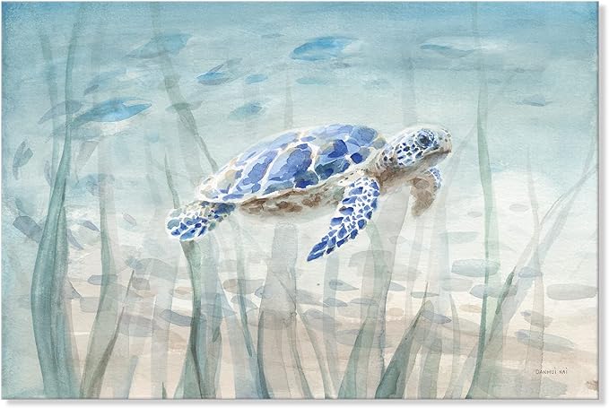 Ocean Wall Decor Blue Turtle Canvas Art Sea Grass Pictures Coastal Print Painting Nautical Artwork For Home Office Ready to Hang 36x24 Inch