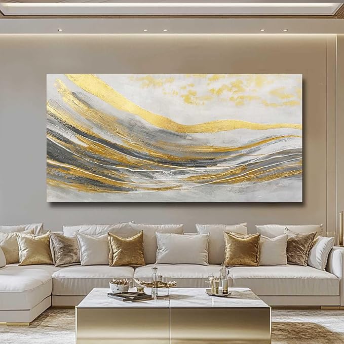 Artexist White Line Wall Paintings Modern Wall Art Gold Foil Photo Prints 29"x58" Large Dining Room Wall Decor Posters for Bedroom