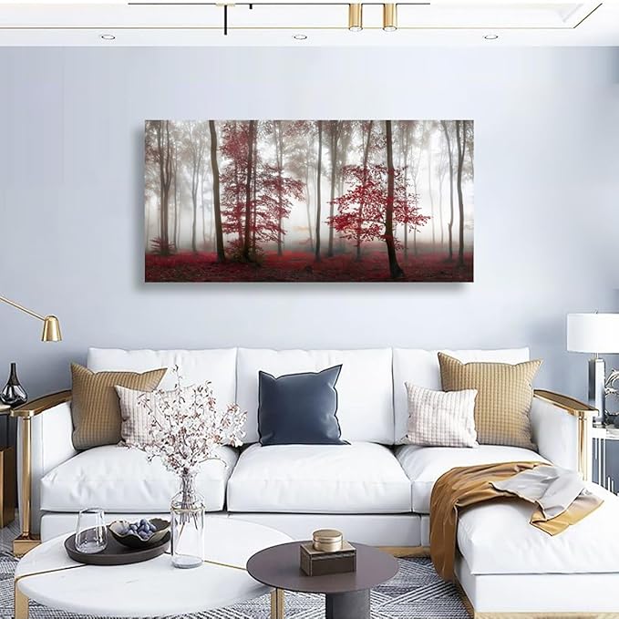 Misty Forest Pictures Canvas Wall Art for Living room Office Bedroom Wall Decor,Forest Wall Art Print Paintings Modern Nature Red Tree Artwork Waterproof Ready to Hang-24x48 inch