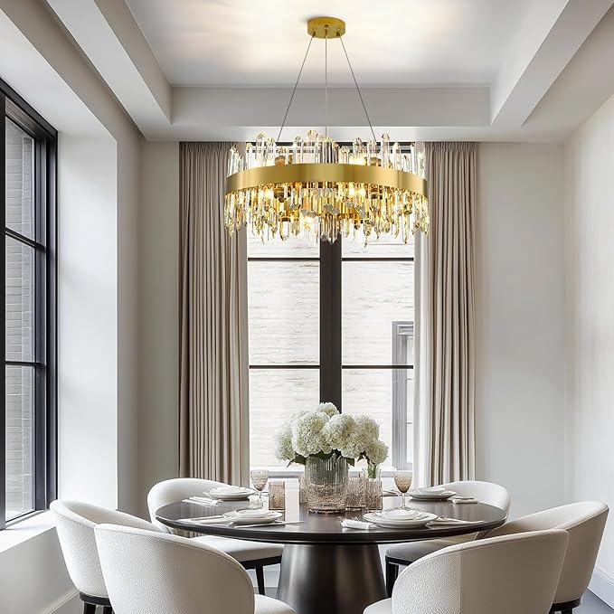 Modern Crystal Chandelier, 24in K9 Crystal Chandeliers for Dining Room, 12 Lights 2 Tier Dimmable Round Gold Chandelier, Adjustable Modern Chandeliers for Living Room, Bedroom, Bathroom, Kitchen Foyer