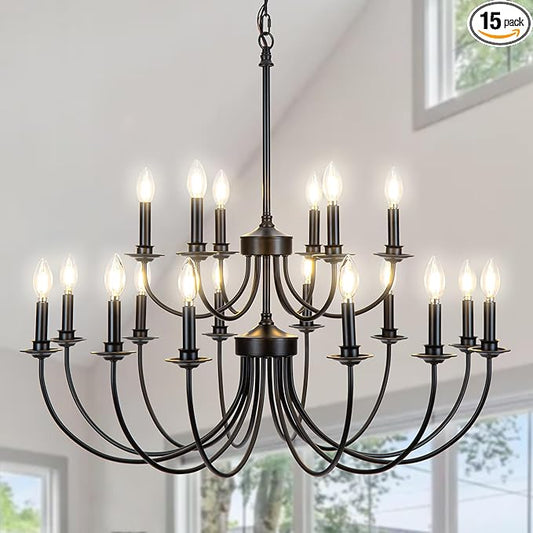 18-Light 2-Tier Black Farmhouse Vintage Chandelier, Retro Farmhouse Country Style Industrial Large Round Pendant Light Fixture