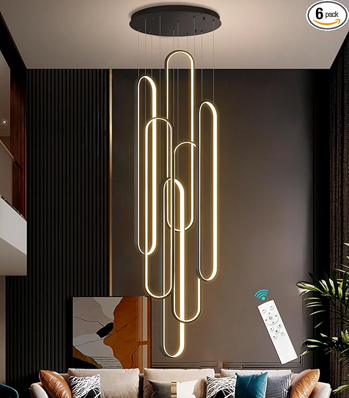 6-Rings Modern Chandelier, LED Black Large Contemporary Light for Staircase, Dimmable Flush Mount High Ceiling Chandeliers with Remote Control for Villa Foyer
