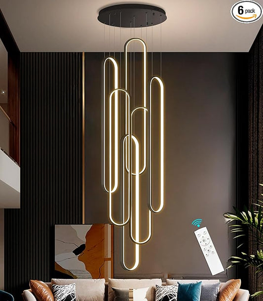 6-Rings Modern Chandelier, LED Black Large Contemporary Light for Staircase, Dimmable Flush Mount High Ceiling Chandeliers with Remote Control for Villa Foyer