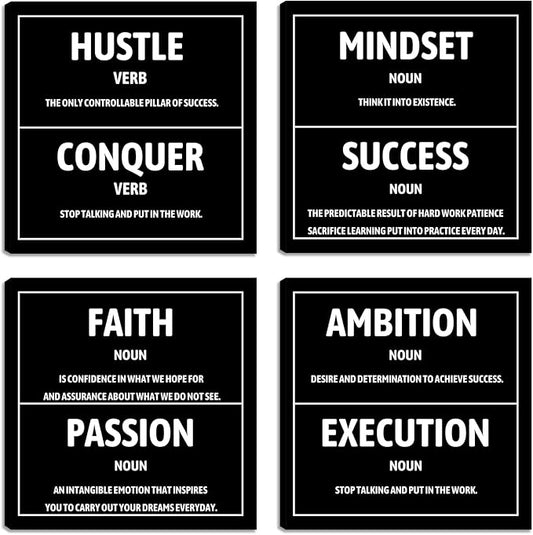 Motivational Office Wall Decor Inspirational Success Canvas Wall Art Hustle Mindset 3 Pieces Posters Prints Wall Picture Artwork Home Living Room Bedroom Framed Ready to Hang - 12"x12"x4PCS