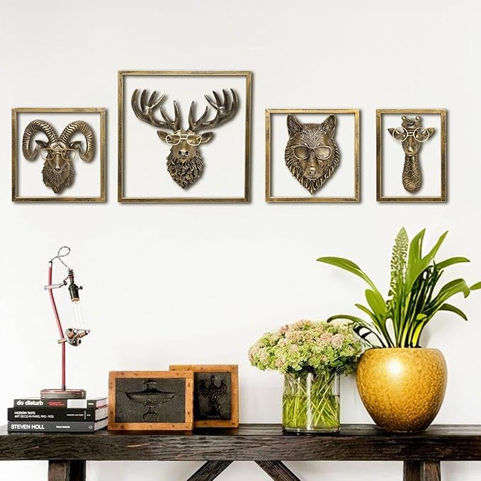 JJALIGHTS Animal Heads Wall Decor (Includes Metal Frame) Resin Animals Sculptures Head Wall Hanging Decoration Imitation Copper vintage Wall Sculpture for Living Room Bedroom Office (Wolf)
