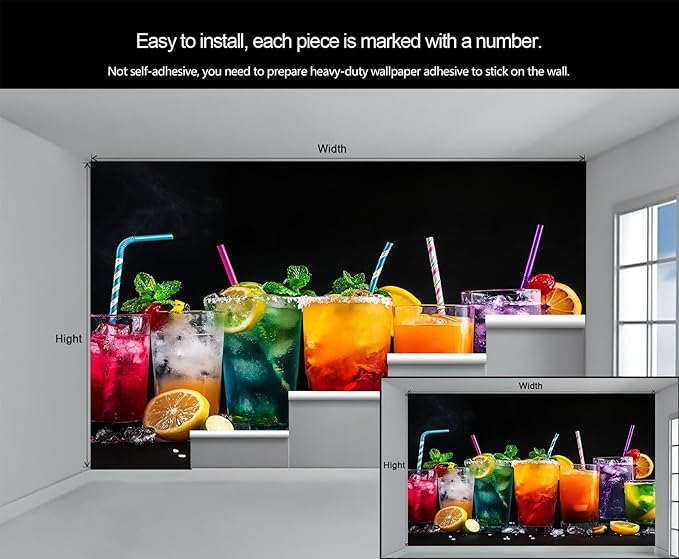 3D Cocktails Mural Wallpaper, Miami Cocktails Murals, Modern Stylish Wall Art Murals Wallpaper for Living Room Bedroom Home Decor Mural - 137.8" W x 111" H (Not Peel Stick)