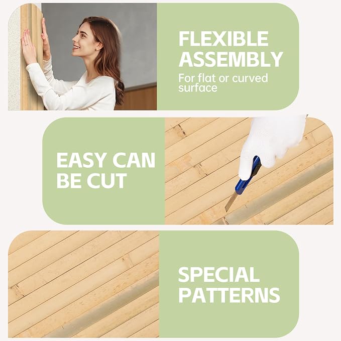 Bamboo Wall Panels for Interior Wall Decor（48" H x 96" L） Natural Wainscoting Panels Wall Paneling for Living Room Decor, Tiki Bar,Kitchen,Ceiling Tiles, Pole Wrap Wood Roll,Wall Decor for Bedroom