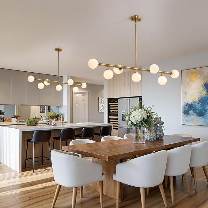 Mid Century Chandelier, Gold Brass Sputnik Pendant Light with White Glass Lampshade,7 Lights Globe Rectangle Linear Chandeliers for Dining Room Kitchen L43.3INxW11.8IN