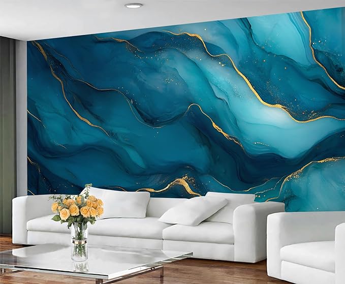 Blue Gold Marble Mural Wallpaper, Modern Fashion Marble Murals, Abstract 3D Gold Texture Murals, Wallpaper for Living Room Bedroom Boy Girl Room Home Decor Mural (Not Peel Stick)