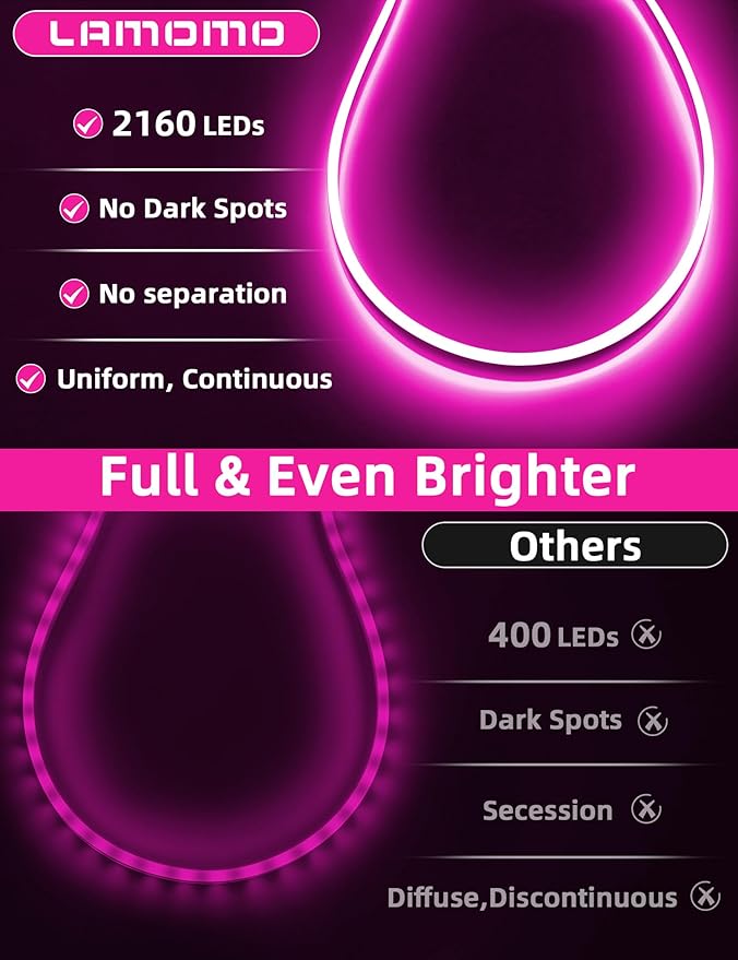 Lamomo 65.6Ft LED Strip Lights, RGB Neon Rope Light with App Remote Control, Music Sync Color Changing Waterproof Flexible Led Light Strip, Cuttable Gaming 24V Neon Lights for Bedroom Indoor