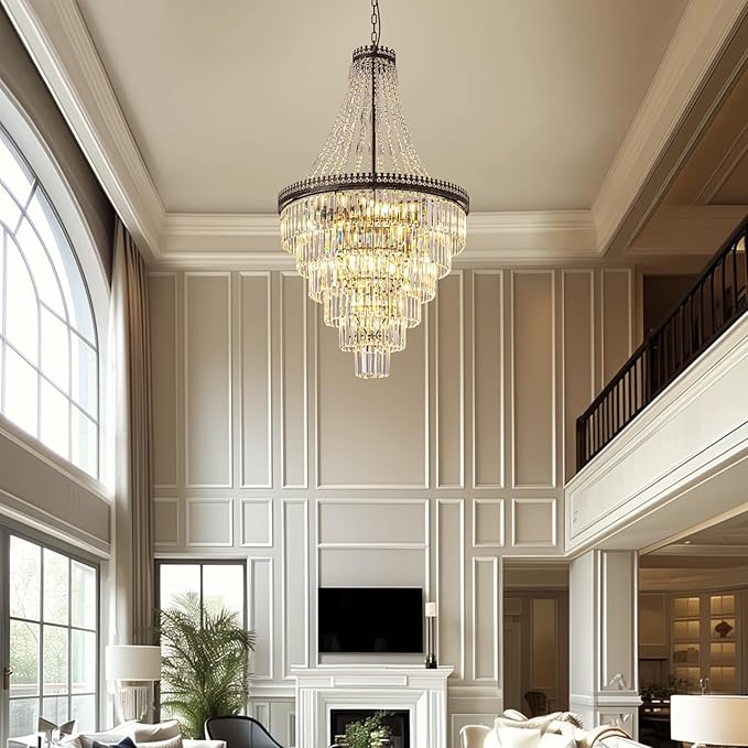 7PM French Empire Crystal Chandelier, Large Vintage Chandelier for High Ceiling, 6-Tier Antique Bronze Lighting, Farmhouse Ceiling Light Fixture for Foyer, Entryway, Living Room, 28" Wx48''H