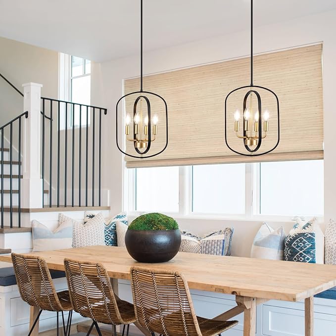 Modern Chandelier for Dining Room, Black and Gold Chandelier Light Fixture, 4-Light Farmhouse Chandelier Lights, Adjustable Rustic Chandeliers for Kitchen Island, Entryway, Foyer, Living Room