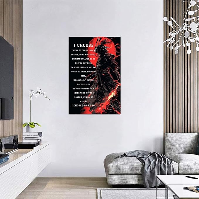Armored Samurai Wall Art I Choose to Live by Choice Canvas Prints Vintage Japanese Artwork Black Motivational Poster Inspirational Quotes Painting for Men Bedroom Living Room Office (12''W x 16''H)
