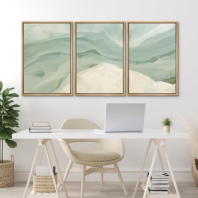 MUDECOR Framed Wall Art Print Set Pastel Waves Blue and White Tones Illustrations Modern Art Boho Decorative Colorful Chic for Living Room, Bedroom, Office - 16"x24"x3 Natural