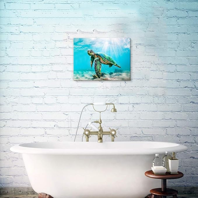 JAPO ART Green Sea Turtle Wall Decor Tropical Canvas Wall Art Prints Hawaii Turtle Picture Gift Florida Sea Life Teal Watercolor Ocean Animal Painting Small Framed Pictures for Bathroom Living Room