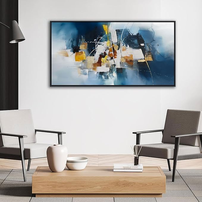 Abstract Canvas Wall Art Navy Blue Wall Art for Living Room Framed Modern Artwork for Walls, Above Bed Wall Decor Navy and Gold for Bedroom and Living Room Office Pictures Wall Decor 24×48IN