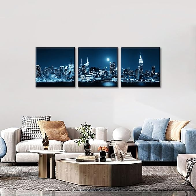 NAN Wind 3-Piece Modern Manhattan Night Skyline Canvas Art Blue Moon Urban Cityscape Wall Decor Contemporary NYC-Inspired Night View Panoramic Prints Framed City Canvas Set for Home Office Living Room