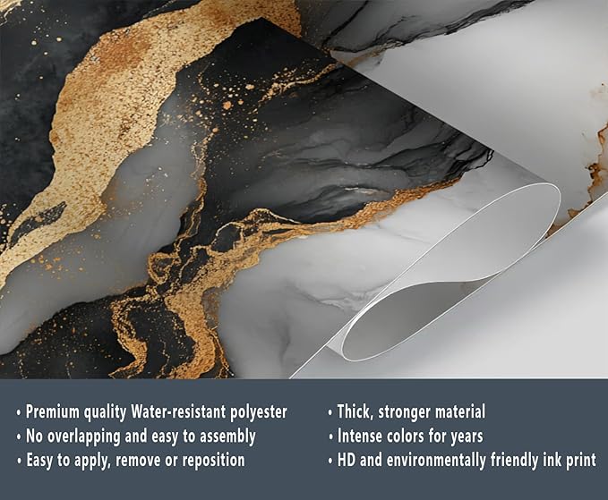 Black Gold Marble Mural Wallpaper, White Gold Marble Murals, European Light Luxury Murals, Wallpaper for Living Room Bedroom Boy Girl Room Home Decor Mural (Not Peel Stick)