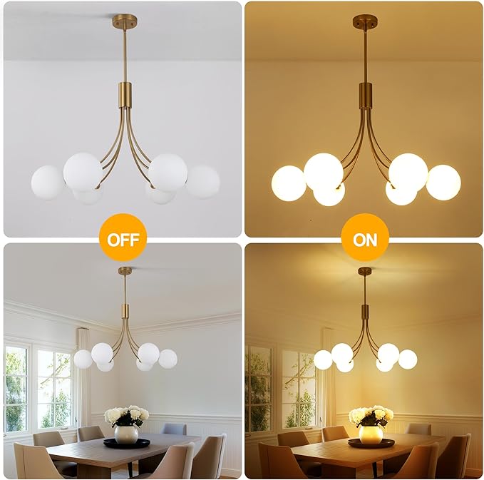 6-Light Modern Farmhouse Gold Chandeliers for Dining Room Light Fixture, Mid Century Hanging Sputnik Chandelier for Living Room Kitchen Island Bedroom Foyer, Milk White Globe Glass Shade