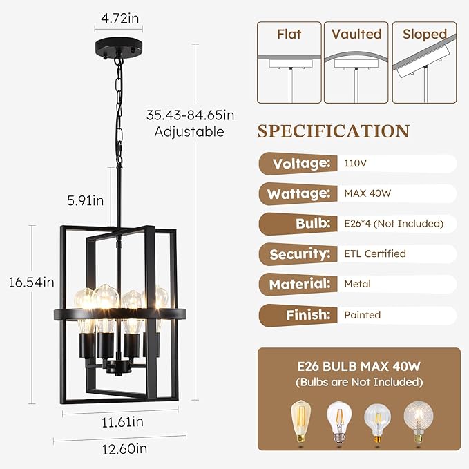 12.6"Black Chandelier for Dining Room, 4-Light Modern Farmhouse Chandelier with Geometric Cage Adjustable, Foyer Lighting Fixtures Rustic Pendant Lights for Kitchen Entryway Hallway Living Room