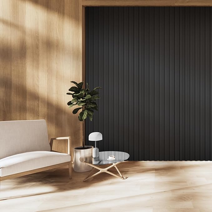 OUZUGIE WPC Acoustic Slat Wall Paneling, 8-Pack 114 x 6 Inches 3D Wall Panels for Interior Wall Decor,Living Room,TV Background,Study Room,Office Spaces,Bedroom,High Grille (Black)