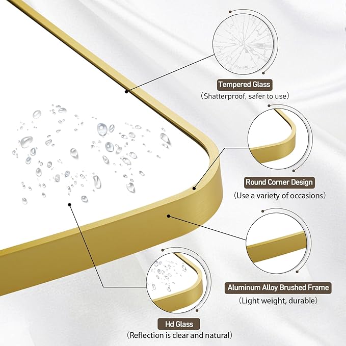 Matte Gold Mirror, 22x30 Inch Brushed Gold Mirror, Aluminum Alloy Framed Vanity Mirror, Rounded Rectangle Bathroom Mirror for Over Sink, Anti-Rust Wall Mirror (Horizontally or Vertically)