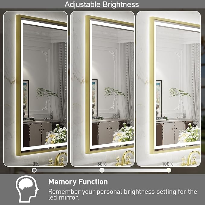 24x32 Inch LED Bathroom Mirror with Lights, Frontlit & Backlit Gold Metal Frame Mirror, Wall Mounted Lighted Vanity Mirrors for Wall, Double Lights Strips,Anti Fog Stepless Dimmable 3000K-6000K