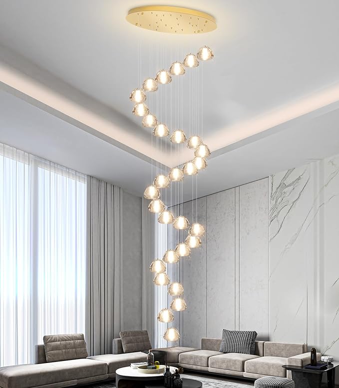 30-Lights Modern Chandeliers for High Ceiling Large Crystal Chandeliers LED Long Handing Light Fixture for Entrance Hallway Foyer Staircase 3000K