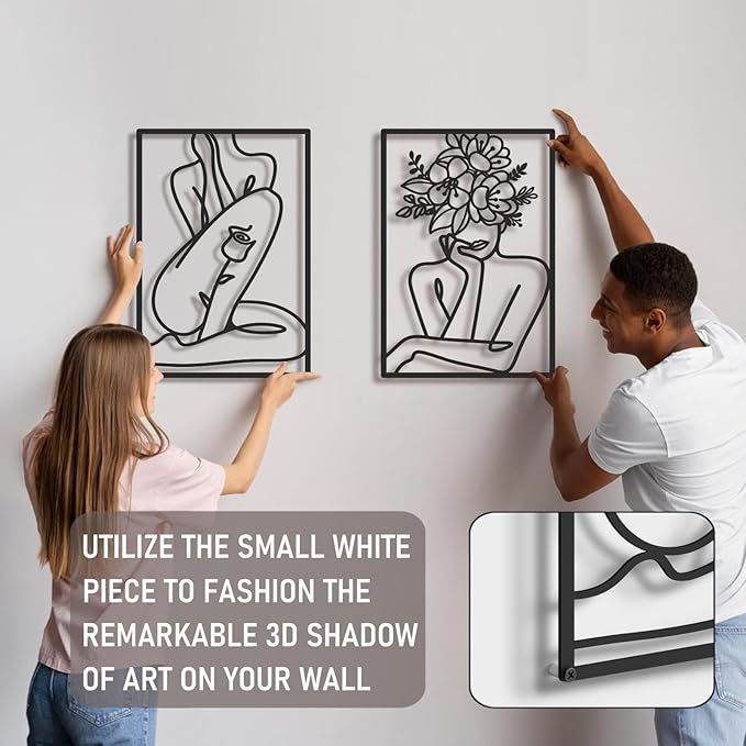 Bakovity Black Metal Wall Art, Abstract Flower Line Sculpture, Black Minimalist Modern Wall Decor for Living Room, Bedroom, Bathroom (4 Pieces, 17x12 Inches)