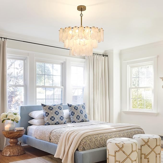 Modern Gold Glass Chandeliers, 9-Light Luxury Cloud Pendant Light Fixture, 3-Tiers Round Ceiling Hanging Light Fixture for Bedroom Dining Room Kitchen Island Living Room Entryway Bar L23.6'' (E12)