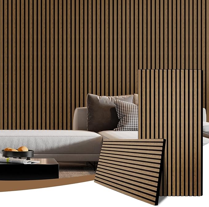 AKK-PANE Acoustic Wood Slat Wall Panels, 2-Piece 47.2"x23.6" 15.5ft²- 3D Textured Soundproof Wall & Ceiling, Sound Absorbing Panels for Interior Decor, Living Room,Bedroom (Dark Walnut)