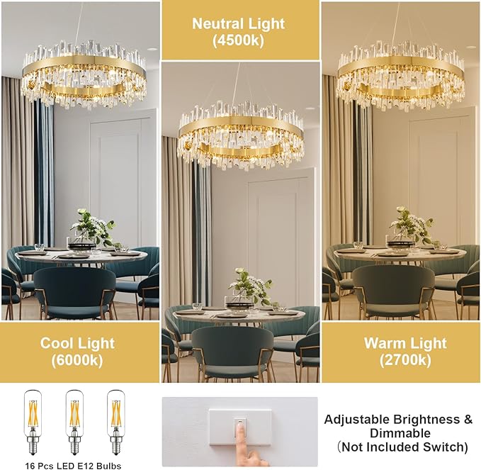 Modern Crystal Chandeliers, 16 Lights Brass Gold Round 2-Tier K9 Crystal Raindrop Chandelier, Luxury Flush Mount Pendant Ceiling Light for Living Room Bedroom Entryway Kitchen Foyer D31.5''