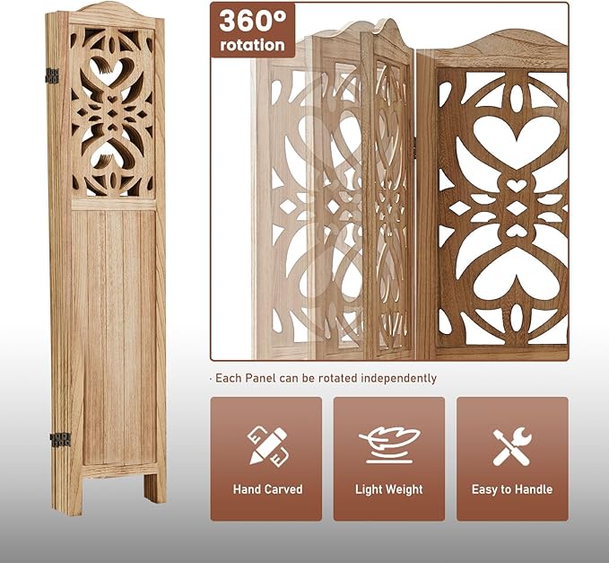 6 Panel Room Divider Fully Assembled, Carved Room Dividers and Folding Screens, 5.6Ft Wood Room Divider Screen Freestanding Partition Wall Dividers for Home Bedroom Office, Rustic Wood Color