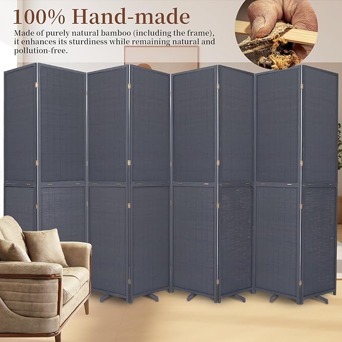 Bamboo Room Divider 8 Panel Wall Divider, 142'' W x 67'' H Folding Design with Extra Stable Base, 100% Bamboo Room Divider Screen for Room Separation, Chinese Room Partitions and Dividers Freestanding