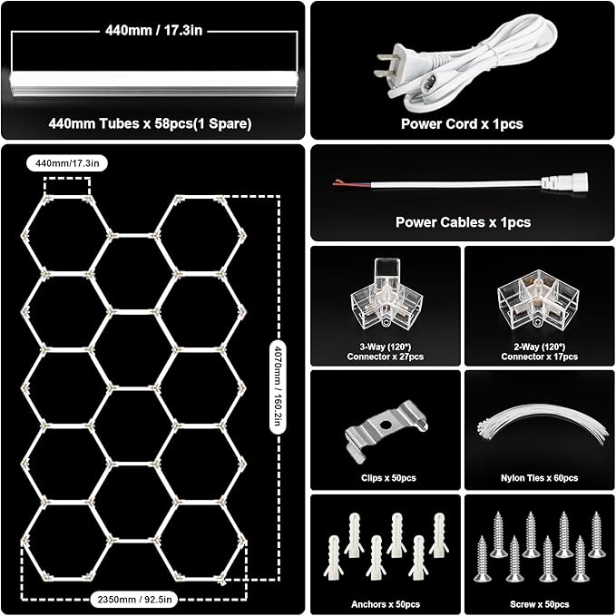 BRILLIHOOD Hexagon Garage Lights, 10-100% Dimmable LED Honeycomb Lights, 54720LM, 6500K Super Bright, 14 Grid Systems Car Detailing Lighting for Warehouse Workshop Basement Gym