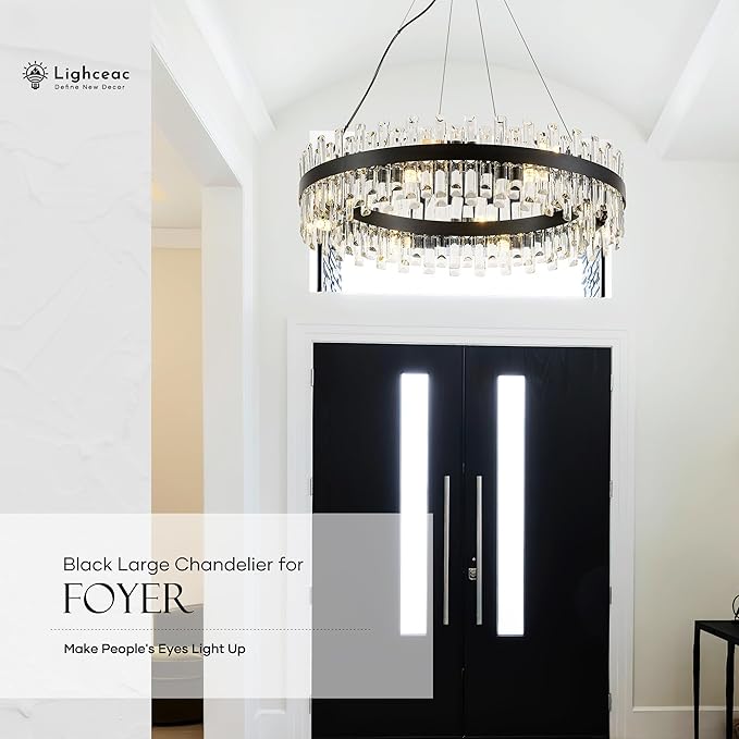 31.9" Black Modern Crystal Chandelier Light Fixtures Luxury 2 Ring Crystal Chandeliers for Dining Room 16-Light Round Hanging Pendant Lighting for Living Room Kitchen Island Entryway Bedroom
