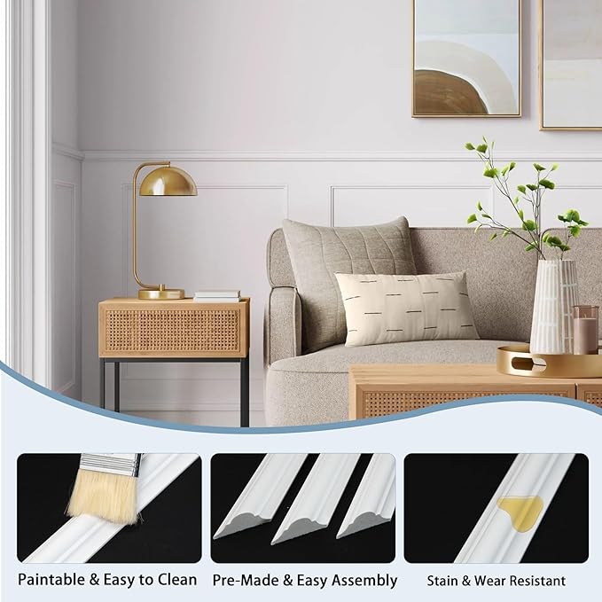 6-Frame Pre-Cut Accent Wall Molding Kit, Premade Wainscoting Chair Rail Moulding Panel Set for Interior Home Decoration (Each Piece 1.18''W, 24pcs)