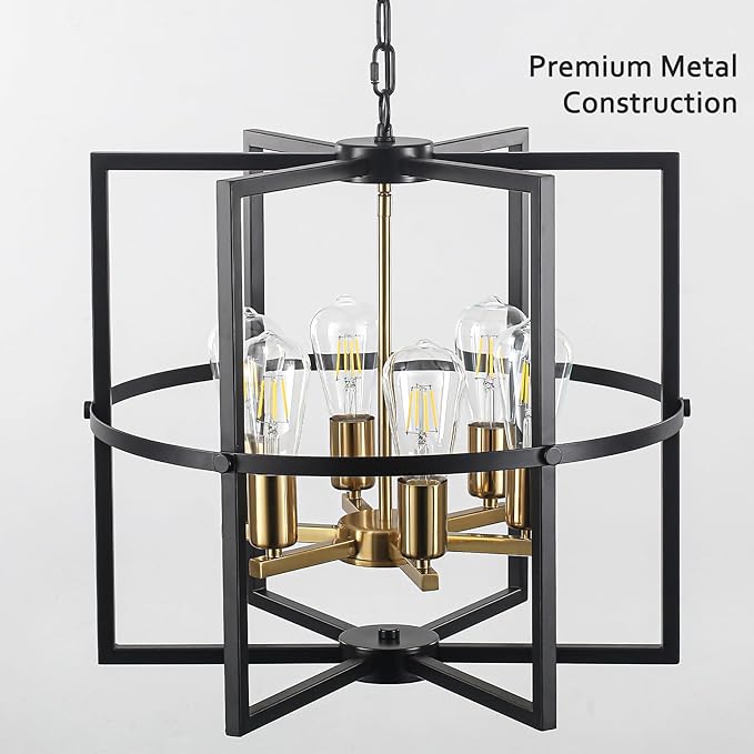 19'' Black and Gold Farmhouse Chandelier, Modern Rustic Pendant Light with Industrial for Dining Room, Kitchen Island, Entryway, Hallway