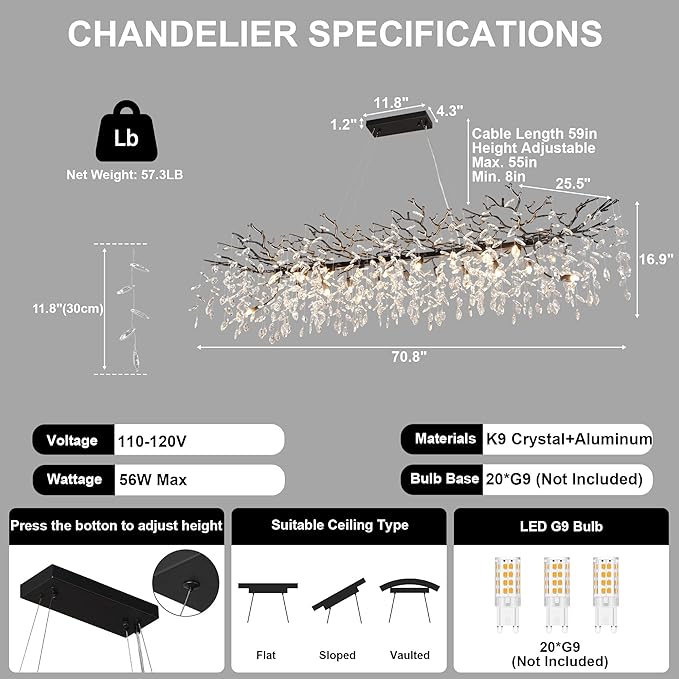 71" Black Crystal Chandelier, 20-Light Modern Tree Branch Chandelier, Luxury Rectangular K9 Crystal Raindrop Chandeliers for Dining Room Kitchen Island Living Room, Contemporary Pendant Light Fixture