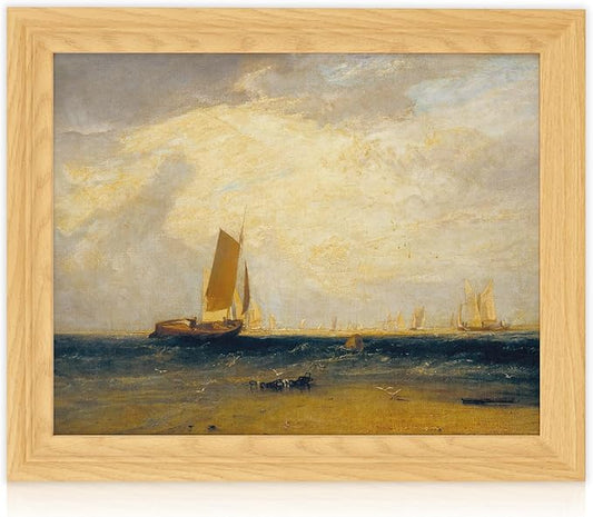 Brivoria Framed Canvas Wall Art Vintage Decor, Romantic Coastal Scene with Sailing Vessel Golden Sky Sunlit Tide and Shore Birds for Hallway Dining Room or Nautical Wall Decoration, 13"x16"