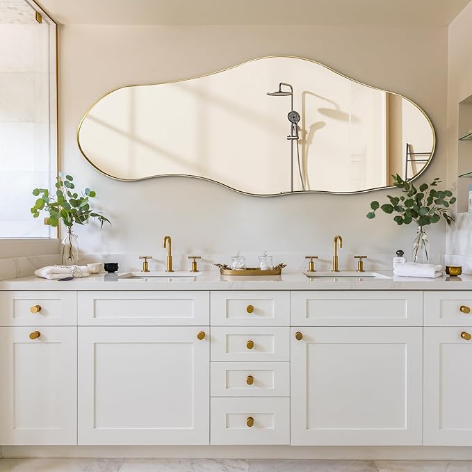 Large Asymmetrical Mirrors, Gold Irregular Shaped Mirror, 55"x22" Abstract Wall Mirror Decorative, Modern Funky Mirrors for Living Room Bathroom Bedroom Hallway Entryway Fireplace