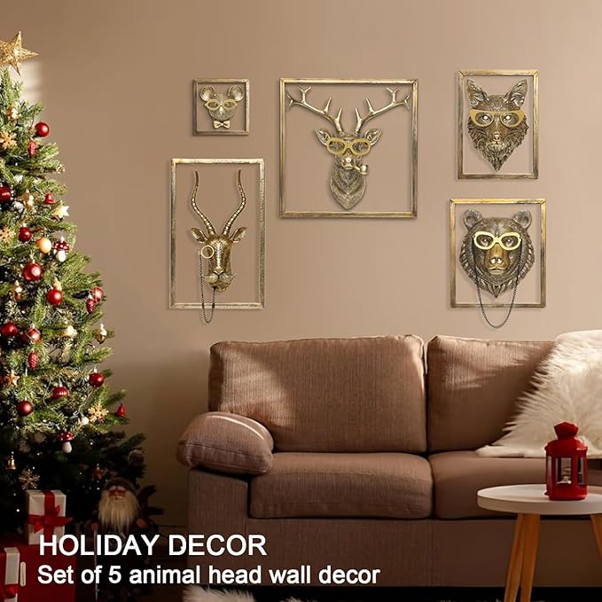 Newinhome Animal Heads Wall Decor (5pcs, Includes Metal Frame) Resin Animals Sculptures Head Wall Hanging Decoration Gold vintage Wall Sculpture for Living Room Bedroom Office
