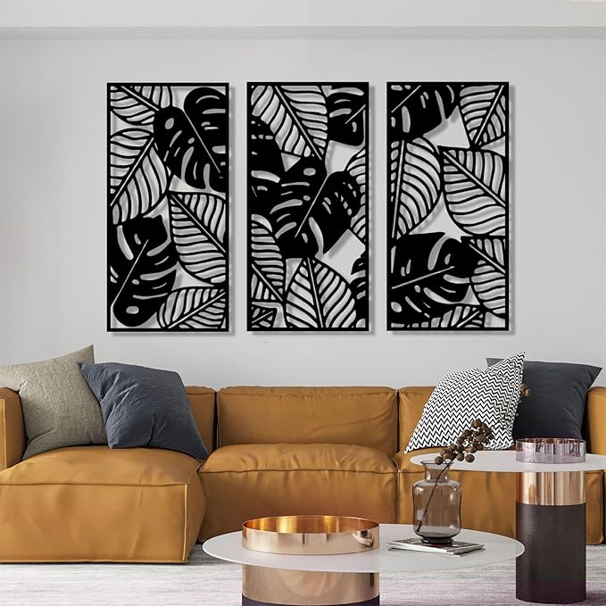 3 Pcs Large Leaves Metal Wall Art, Tropical Palm Leaf Wall Decor, Boho Leaves Wall Art Decor, Hanging Tropical Wall Decor for Living Room Bedroom Outdoor (41x20 inches / 104.5x50x3 PCS, Gold)