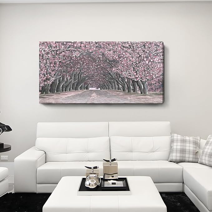 Nicetop Large Pink Wall Art – Floral Tree Artwork Romantic Cherry Blossom Landscape Canvas Art Print Dreamy Sakura Flower Pathway Forest Tunnel Nature Picture for Living Room Bedroom Girls Room 48x24 Inch