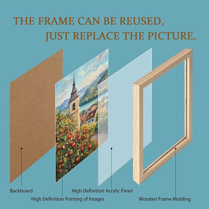 2 Pcs Wooden Framed Vintage Landscape Wall Art Pastoral Scenery Poster Countryside Scenery Artwork Canvas Print Lakeside Tree Shade Gallery Picture Living Room Bedroom Office Wall Decor 12x16 Inch