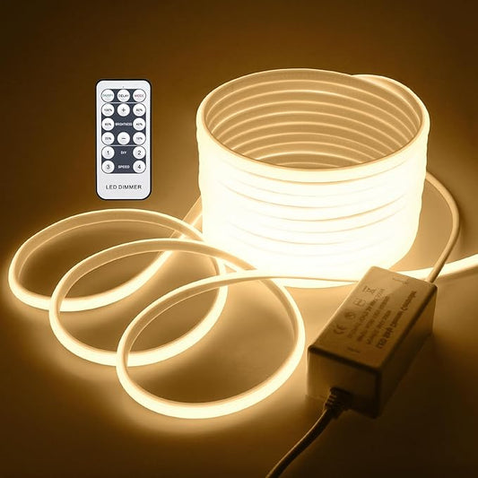 COB Outdoor LED Strip Lights Waterproof 50ft Dimmable LED Rope Light with Reomote AC 110V~120V Cuttable Flexible FCOB COB Light Strip Warm White 3000K for Building Garden Commerical Decor