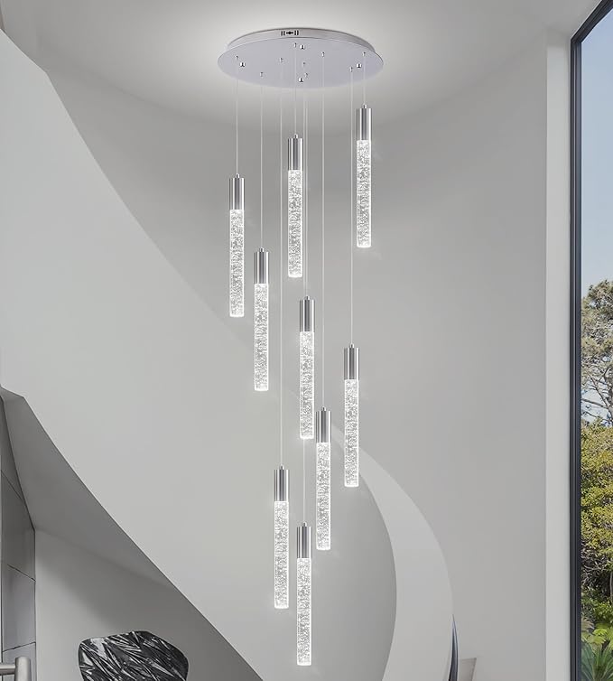 9-Lights High Ceiling Crystal Chandelier, Modern LED Raindrop Pendant Light Fixture 79" H Flush Mount Chandelier Chrome for Foyer Staircase Living Room