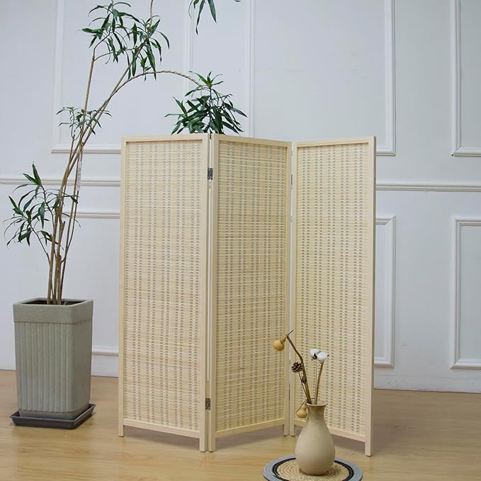 3 Panel Room Divider Short Folding Screen Divider,Double Sided Bamboo Divider Screen for Room Separation,Beige,47.2" H x 46.1" W