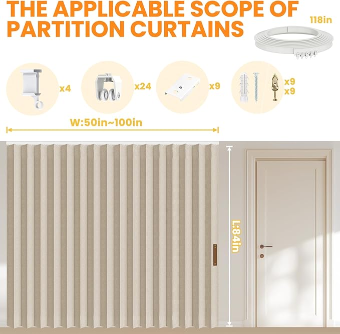 100% Blackout Curtains for Sliding Glass Doors, Extra Wide Curtains for Patio Sliding Door, Include Ceiling Curtain Track, Room Divider Curtains(Beige, W100 x L84, 1 Pack)